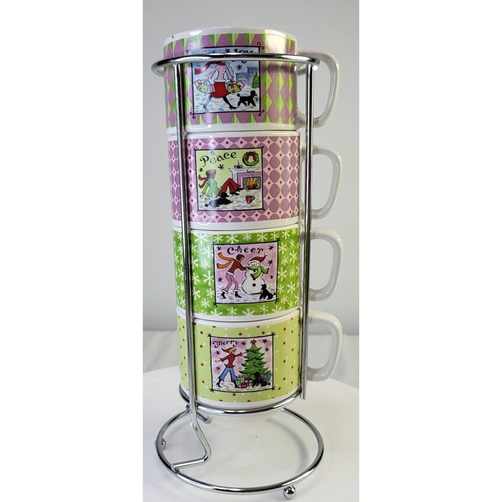 Cypress Home Holiday Espresso Coffee Mug Set 4 Stackable Cups Caddy with Box